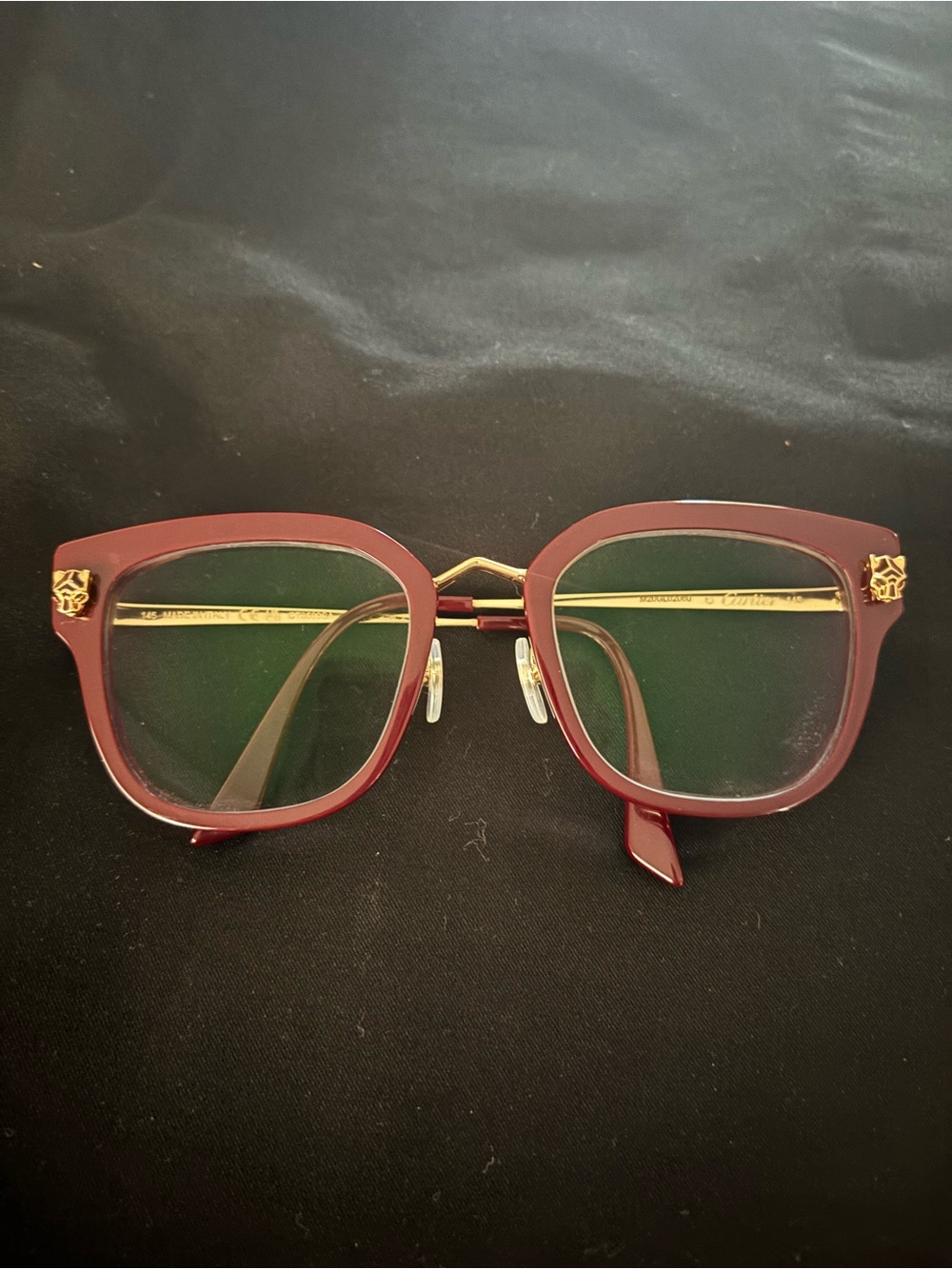 Cartier Red-Burgundy Frame Glasses with Gold Trim